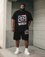 Big & Tall Men's Independence Day Raccoon With Sunglasses Letter Print Round Neck Short Sleeve T-Shirt Shorts Suit