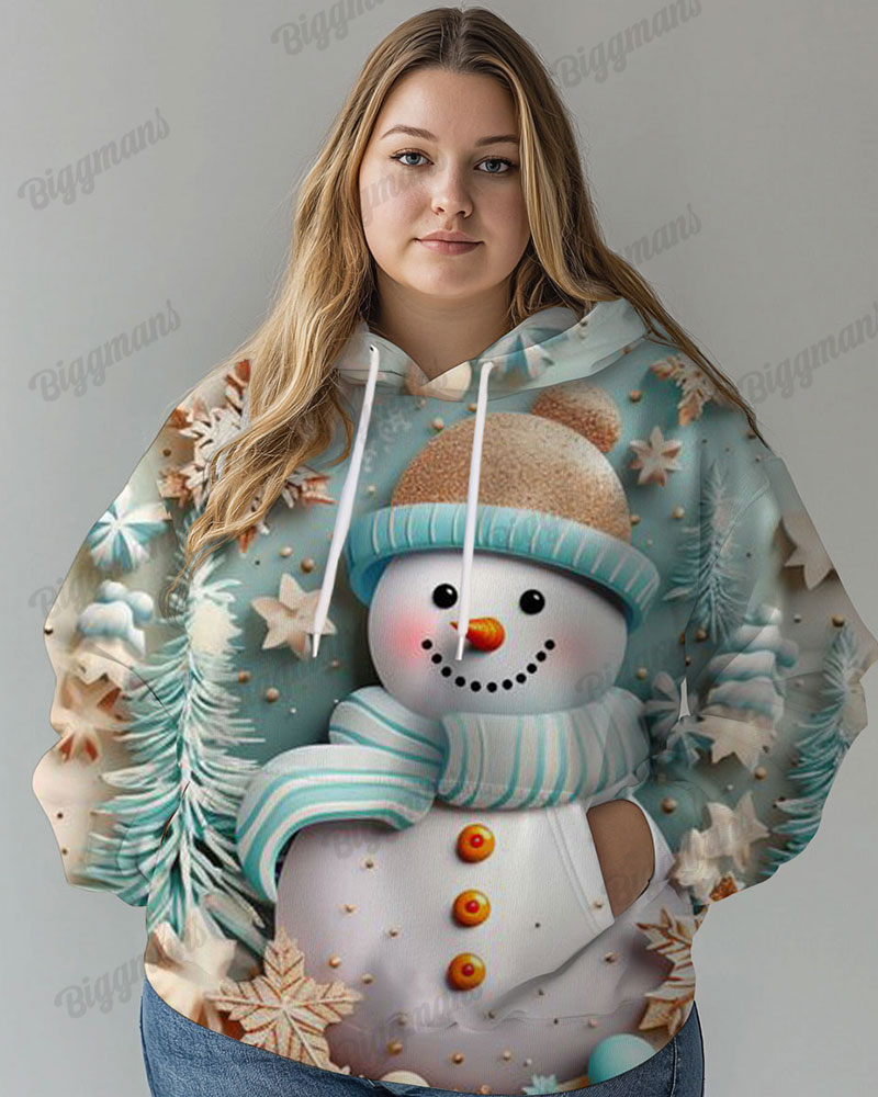 Women's Big Size Cozy Christmas Snowman Hooded Sweatshirt