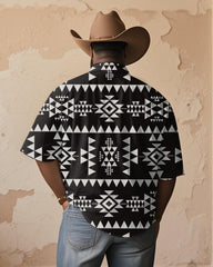 Men's Plus Size Western Style Black And White Aztec Print Short Sleeve Shirt