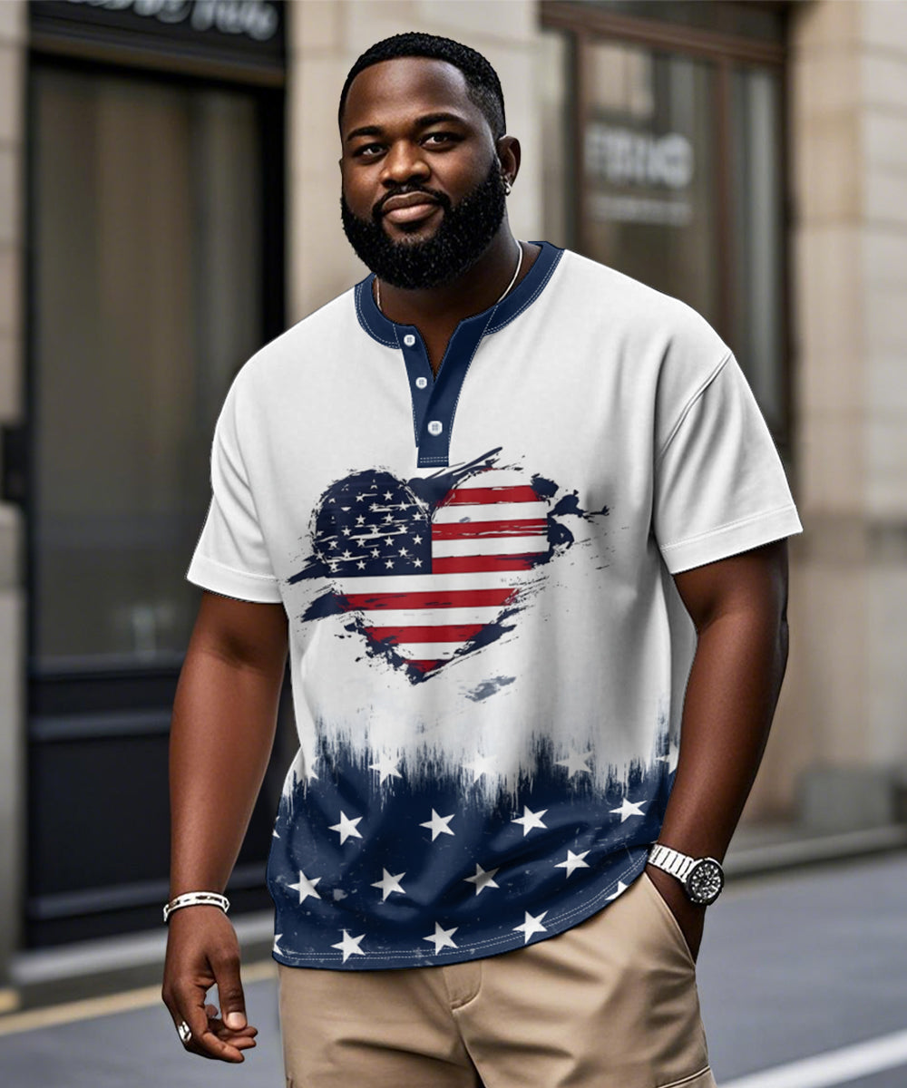 Men's Plus Size Independence Day American Flag Love Print Henry Collar Button Short Sleeve Tee