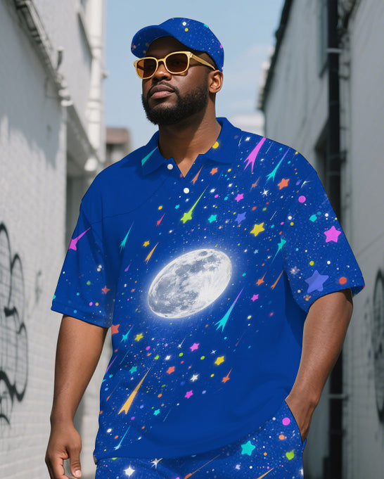 Big Men's Casual Colorful Stars Space Technological Theme Short-Sleeve Polo Shirt Shorts Set