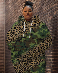 Women's Street Fashion Shiny Leopard Camouflage Print Big & Tall Hoodie Set