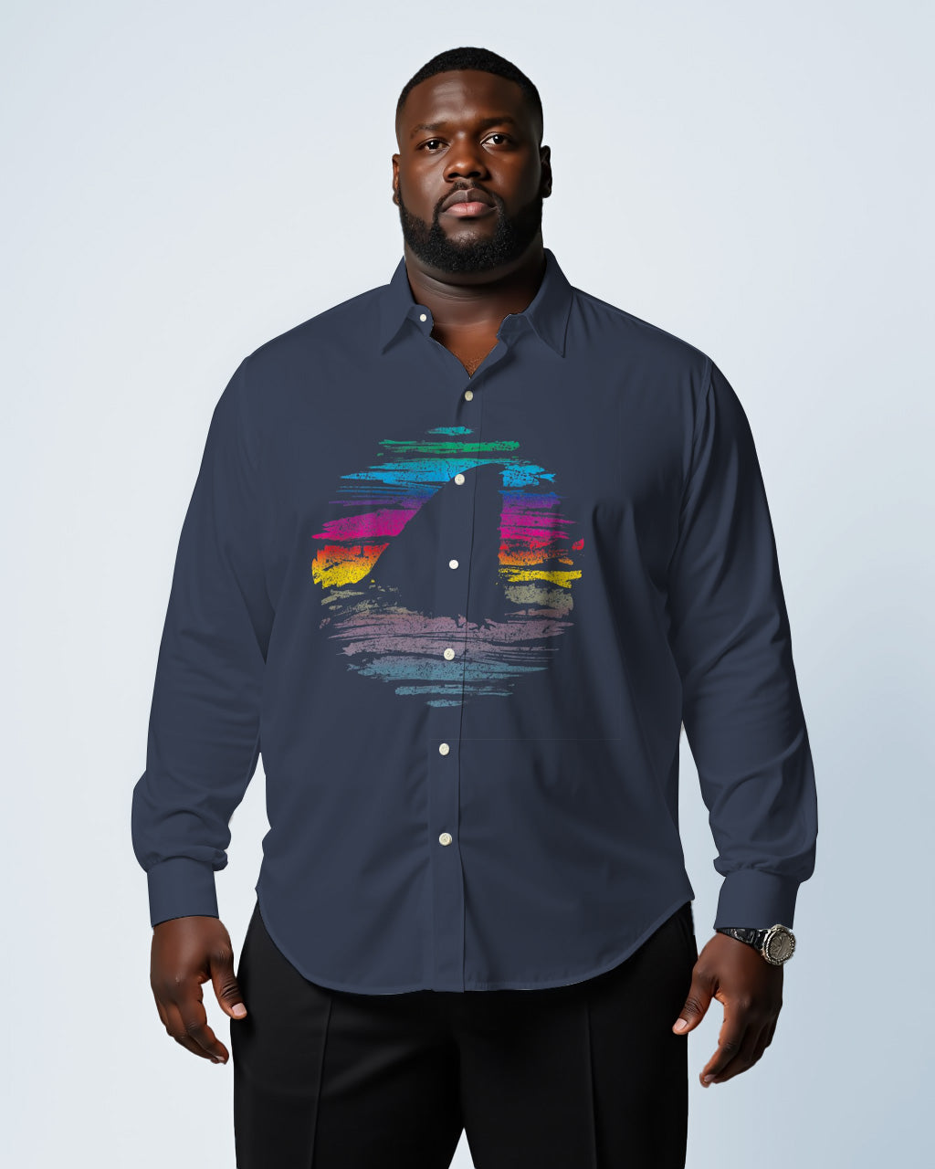 Men's Plus Size Hawaii Colorful Sailboat Print Lapel Long Sleeve Shirt