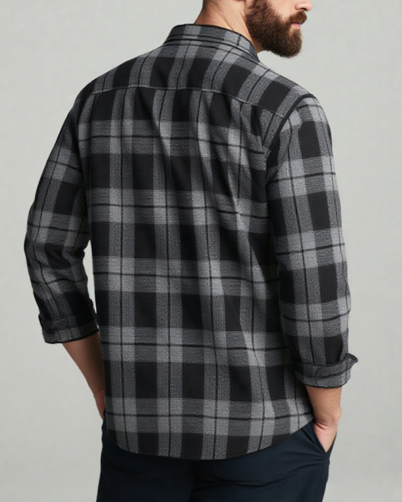 Big & Tall Men's Black-autumn/winter Commuter Plaid Flannel Fabric Long Sleeve Shirt
