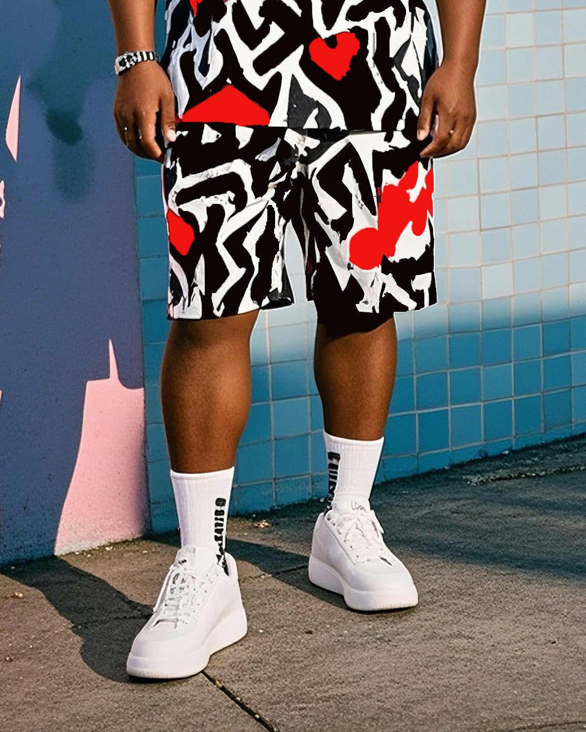 Plus Size Men's Creative Graffiti Print T-shirt Shorts Suit