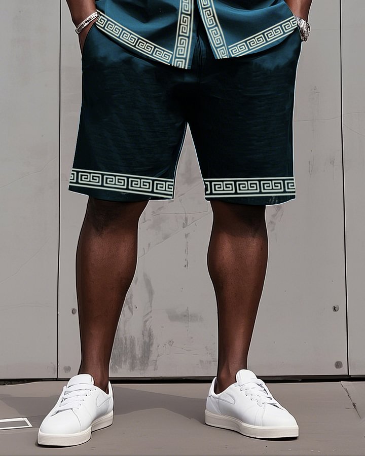 Big Man's Retro Daily Casual Edge Color Block Printing Short Sleeve Shirt Shorts Suit