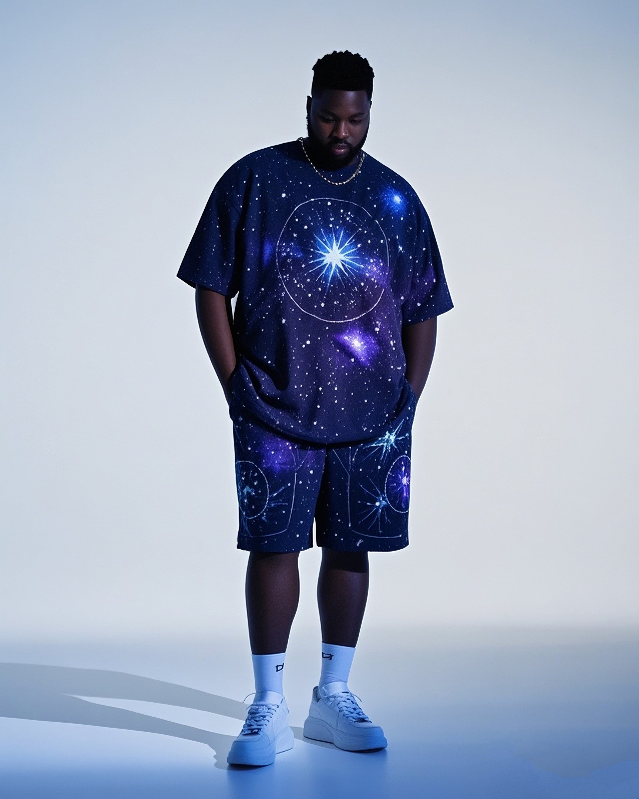Big Boy Street Fashion Cosmic Star Gradient Print Short Sleeve T-Shirt Shorts Suit