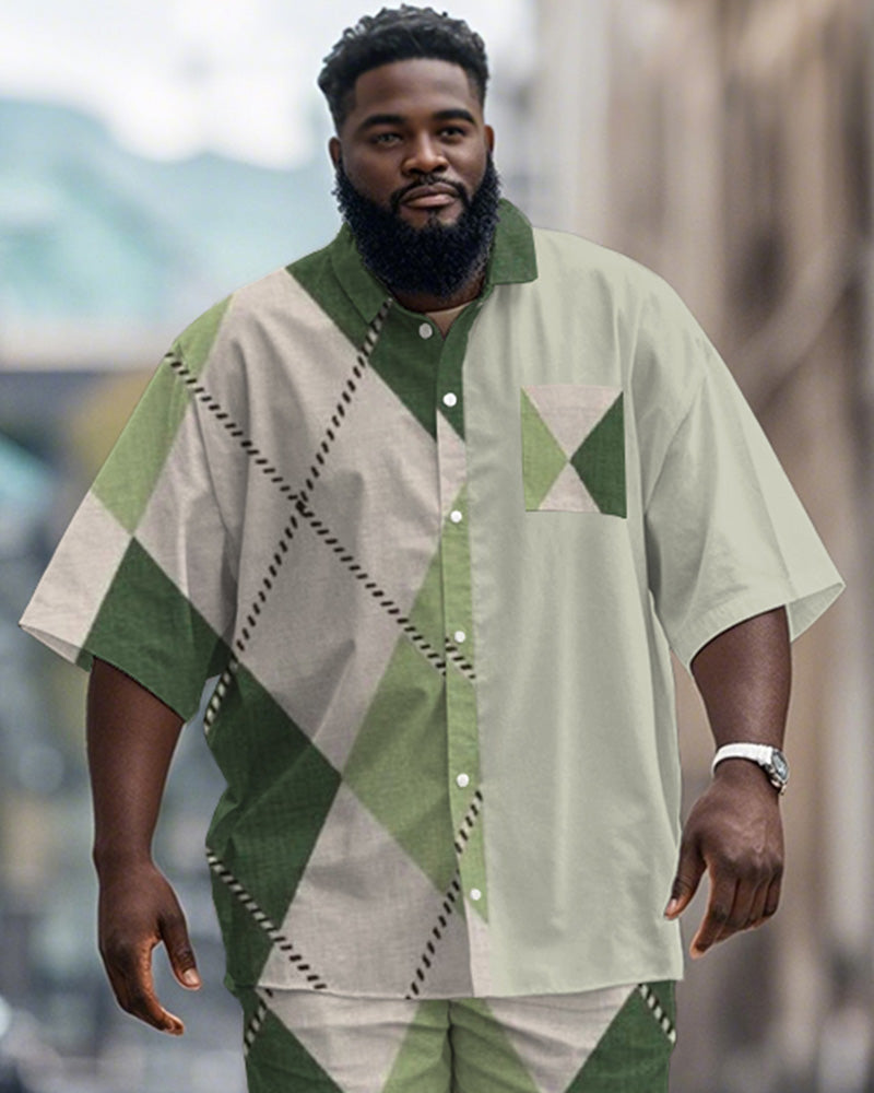 Men's Plus Size Street Fashion Green Patchwork Diamond Print Shirt Shorts Suit