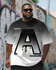Men's Plus Size Street Graffiti Black Gradient A Letter Print Round Neck Short Sleeve T-Shirt Shorts Suit