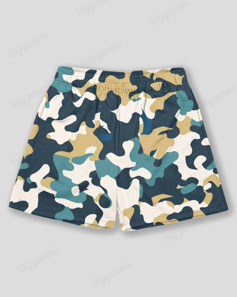 Plus Size Men's Green Camouflage Graffiti Print Sports Mesh Quick Dry Shorts