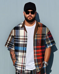 Men's Casual Irregular Splicing Retro Plaid Style Big Size Short Sleeve Shirt and Shorts Set
