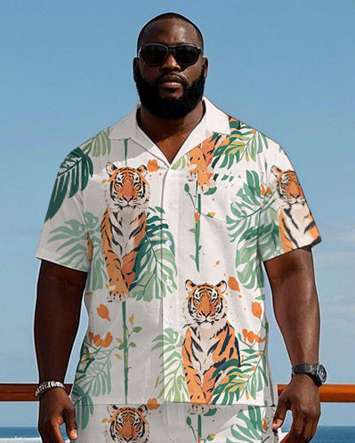 Big Men's Hawaiian Funny Tiger and Palm Leaf Printed Cuban Collar Short Sleeve Shirt Shorts Set