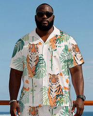 Big Men's Hawaiian Funny Tiger and Palm Leaf Printed Cuban Collar Short Sleeve Shirt Shorts Set