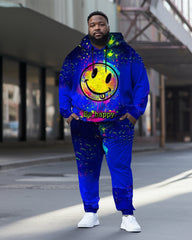 Men's Large Size Blue Smiley Face Splash Ink Hoodie Set of Two