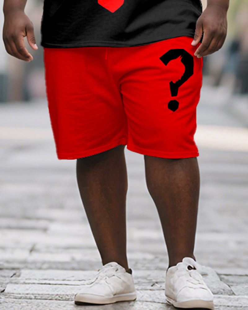 Men's Plus Size Black Red Question Mark Printed Short Sleeve T-shirt Shorts Suit