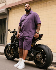 Big & Tall Men's Street Motorcycle Clean Purple Short Sleeve Shirt Shorts Suit