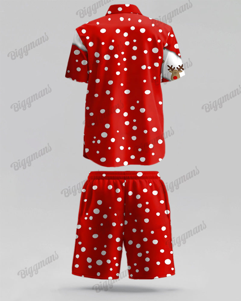 Men's Plus Size Christmas Red Elk Polka Dot Print Short Sleeve Shirt Shorts Suit