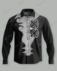 Men's Plus Size Ethnic Silver Pattern Long Sleeve Shirt Two-Piece Set