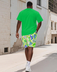 Men's Plus Size Street Graffiti Green Fun BIGGMANS Letter Print Round Neck Short Sleeve T-Shirt Shorts Suit