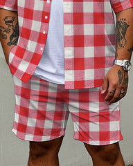 Big Men's Casual Simple Regular Red Plaid Style Short Sleeve Shirt and Shorts Set
