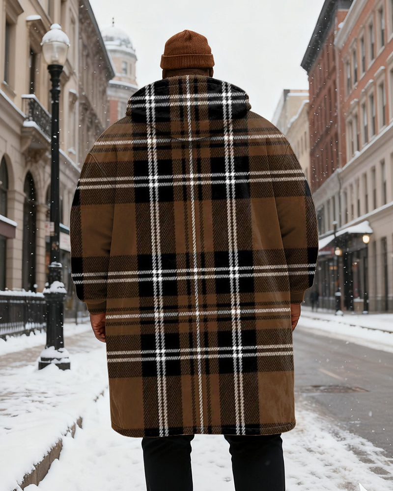 Big & Tall Men's Classic Geometric Brown Plaid Print Velvet Thickened Long Hooded Coat