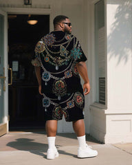 Big & Tall Men's Black Retro Luxury Chain Printed Round Neck Short Sleeve T-Shirt Shorts Suit