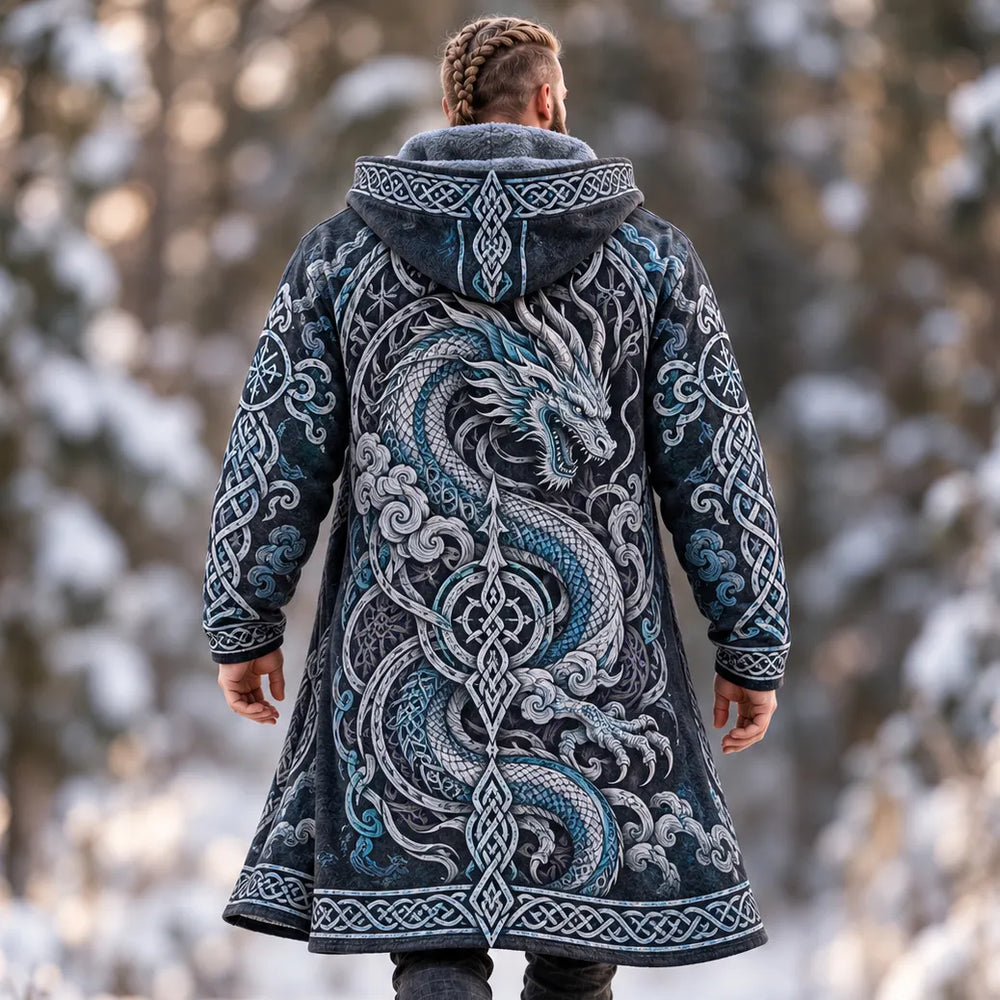 Men's Vintage Dragon Celtic Knot Art Print Fleece-lined Warm Mid-length Zip Up Hooded Coat