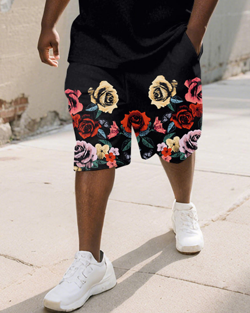 Men's Plus Size Street Graffiti Rose Print Round Neck Short Sleeve T-Shirt Shorts Suit