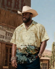 Big & Tall Men's Western Wind Mountain Map Printing-Cuban Collar Short Sleeve Shirt Pants Suit