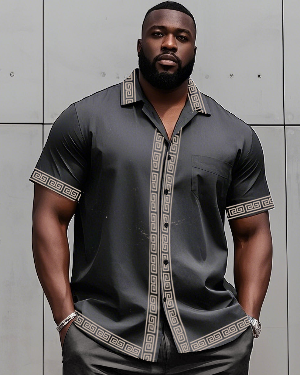 Big Man's Retro Daily Casual Edge Color Block Printing Short Sleeve Shirt Shorts Suit