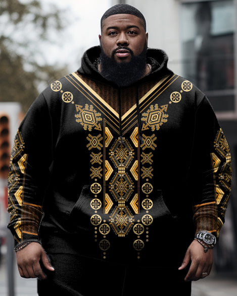 Men's Large Size Retro Gold Totem Print Long Sleeve Hoodie and Sweatpants Set