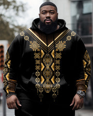 Men's Large Size Retro Gold Totem Print Long Sleeve Hoodie and Sweatpants Set
