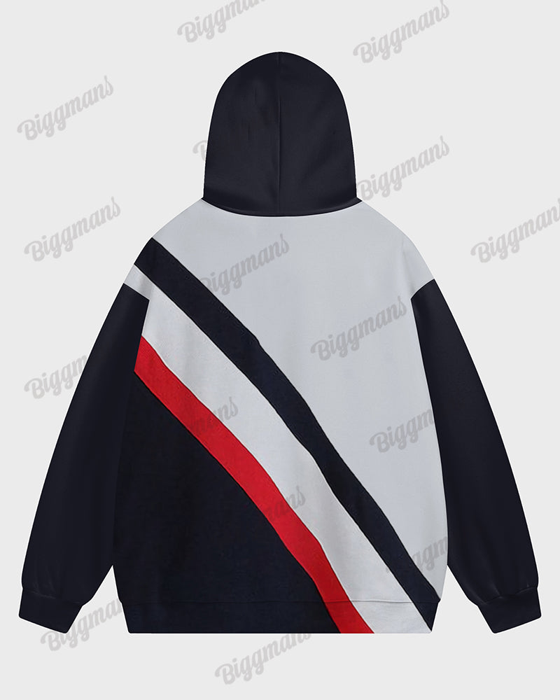 Men's Large Size Casual Diagonal Strip Color Block Long Sleeve Hoodie Sports Two-piece Suit