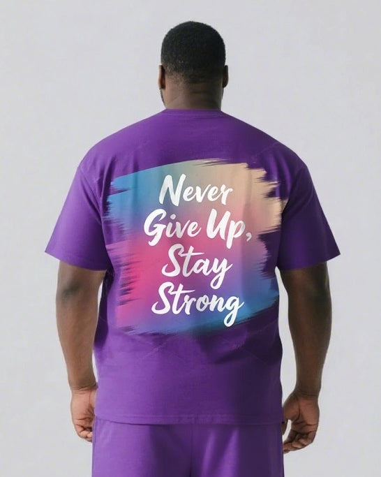 Never Give Up and Stay Strong Men's Big and Tall Simple Back Letter Short Sleeve T-shirt 2-Piece Set