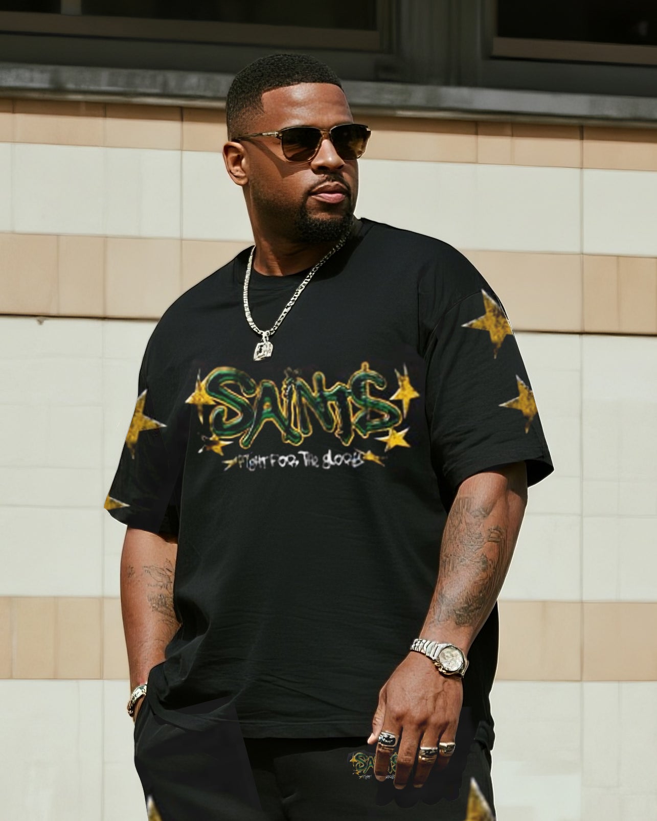 Big & Tall Men's Street Fashion SAINTS Stars Original Design-Short Sleeve Trousers Suit