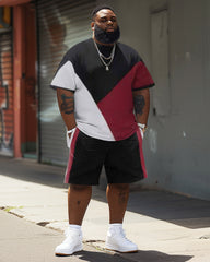 Men's Plus Size Color Matching Diagonal Plaid T-Shirt Shorts Suit