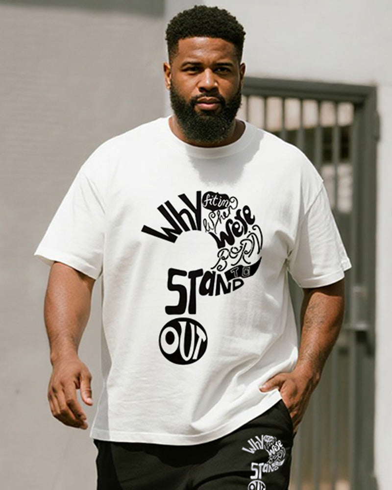 Big & Tall Men's Black And White Question Mark Letter Print Round Neck Short Sleeve T-shirt Shorts Suit