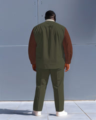 Men's Plus Size Army Green Brown Color-block Vertical Stripe Print Long Sleeve Shirt Trousers Suit
