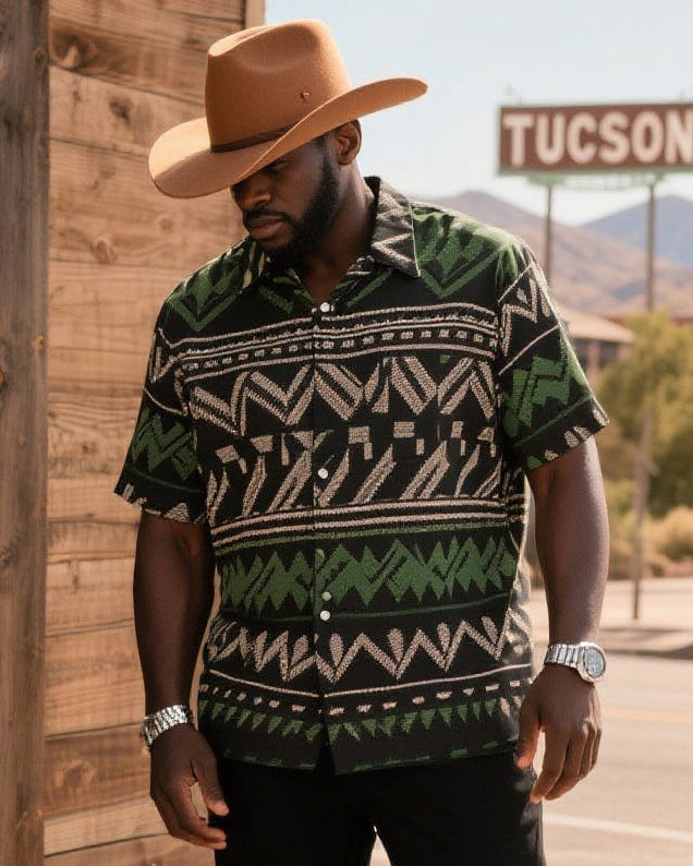 Men's Plus Size Western Denim Navajo Geometry: Diamond Zigzag, Triangular Thunder Cloud, Arrow Feather Radial Print Short Sleeve Shirt