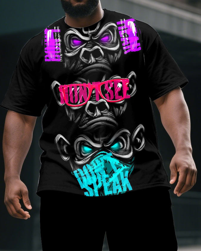 Men's Big & Tall Splicing Gorillas Tech Theme Print Casual Short-Sleeved T-shirt & Short Set
