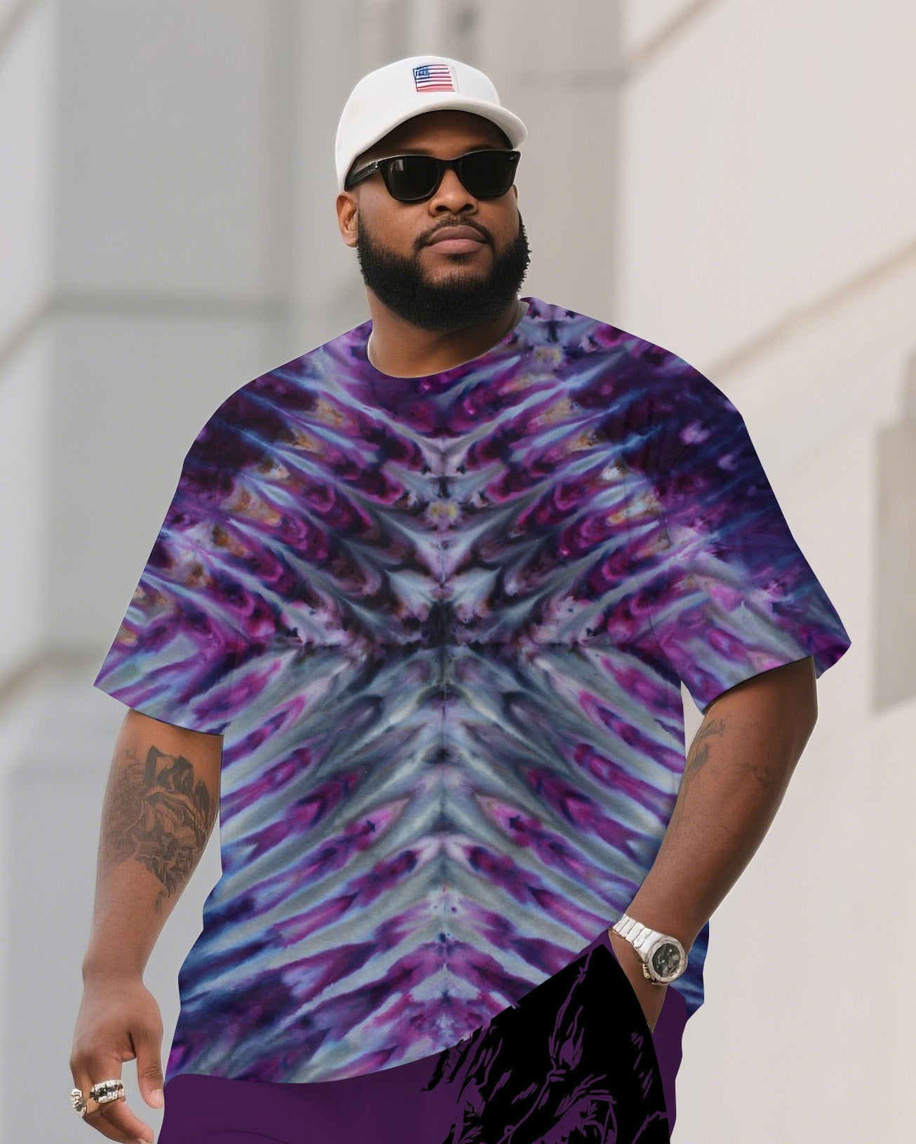 Men's Plus Size Tie Dye Black Ice Diamond Crewneck T-shirt Shorts Suit