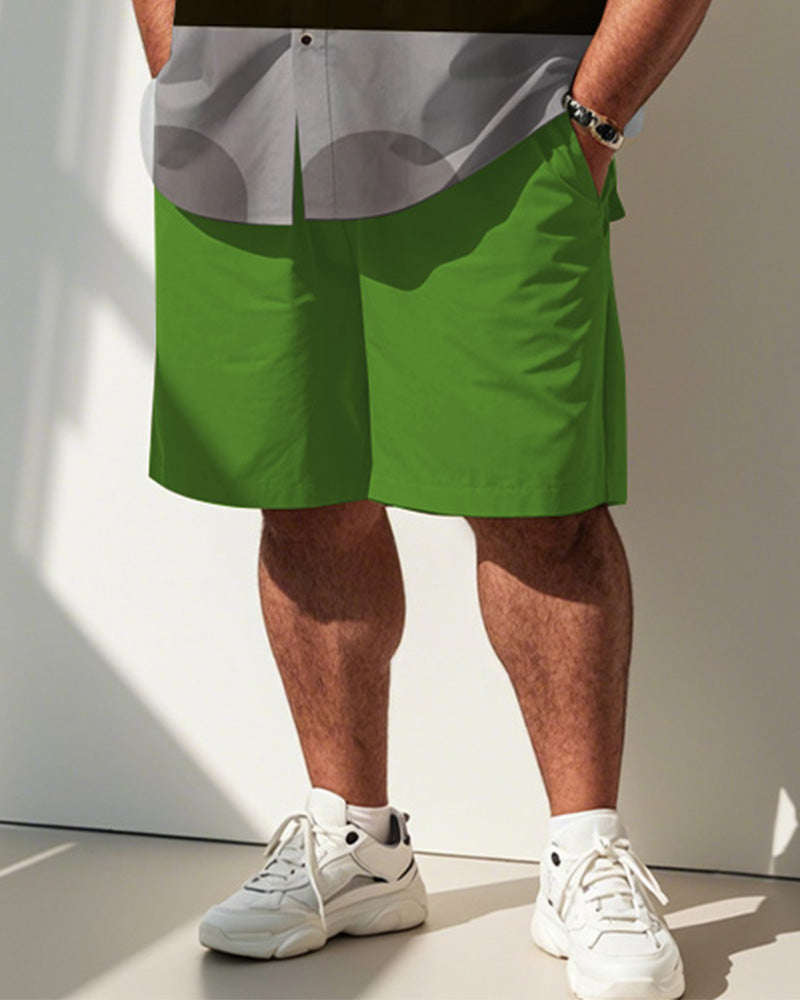 Men's Plus Size Street Fashion Green Cartoon Fun Glasses Print Shirt Shorts Suit