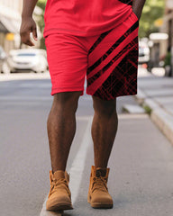 Big & Tall Men's Business Black And Red Color Block Geometric Print Short Sleeve Polo Shirt Shorts Suit