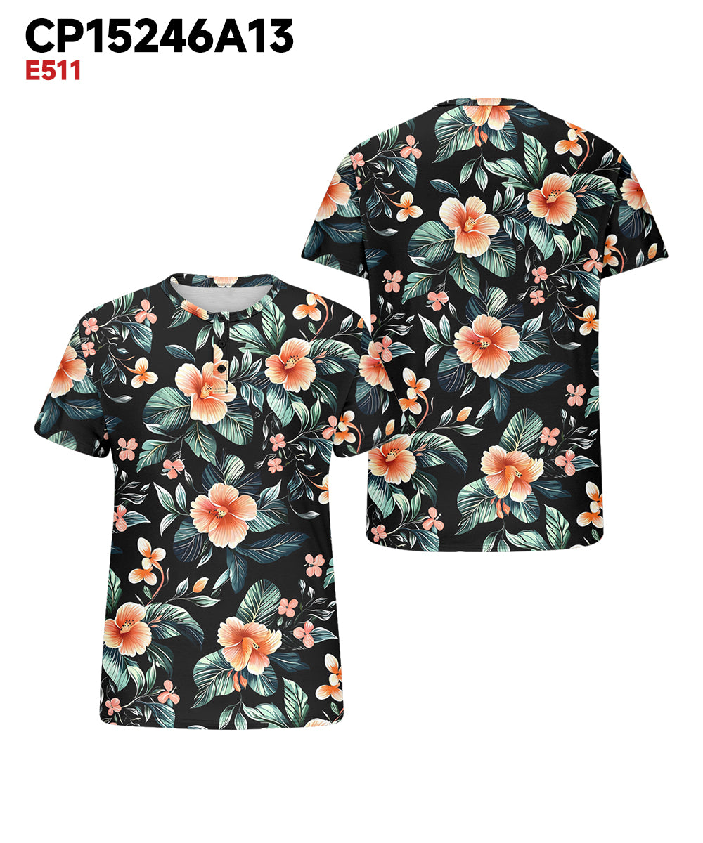 Men's Plus Size Hawaiian Leaf Floral Print Henry Collar Button Short Sleeve Tee