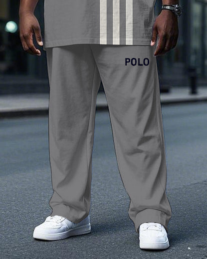 Men's Simple Stripe POLO Letter Printed Big and Tall Short Sleeve T-shirt Pants Set