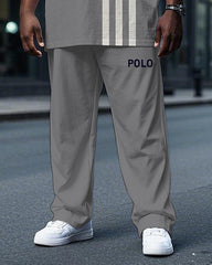 Men's Simple Stripe POLO Letter Printed Big and Tall Short Sleeve T-shirt Pants Set