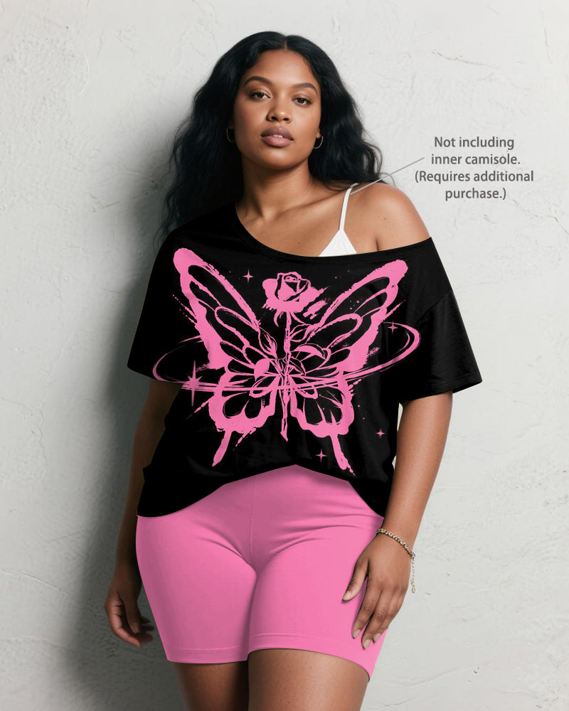 Women's Plus Size Pink Rose Butterfly Print Short Sleeve Shorts Suit