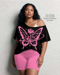 Women's Plus Size Pink Rose Butterfly Print Short Sleeve Shorts Suit