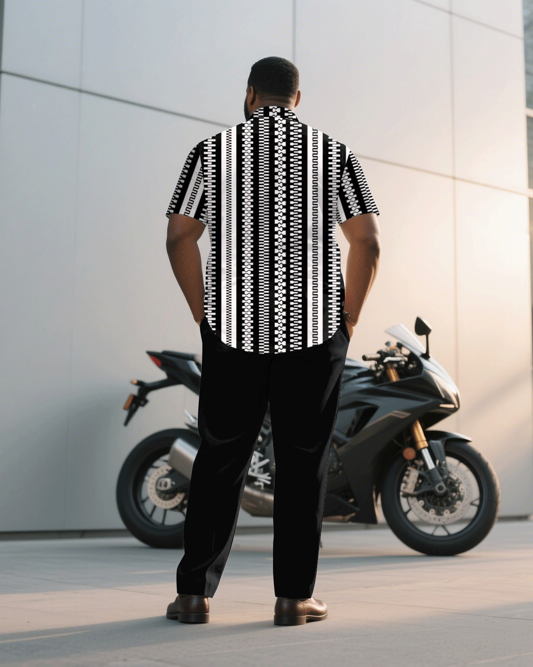 Big & Tall Men's Business Black & White Geometric Short Sleeve Shirt Trousers Suit