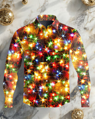 Big & Tall Men's Christmas Colored Lights Print Lapel Long Sleeve Shirt